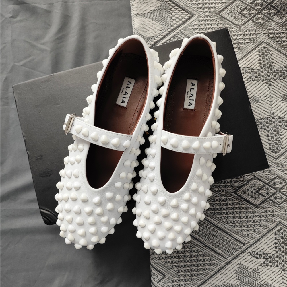 Alaia White Studded Mary Jane Flats with Buckle